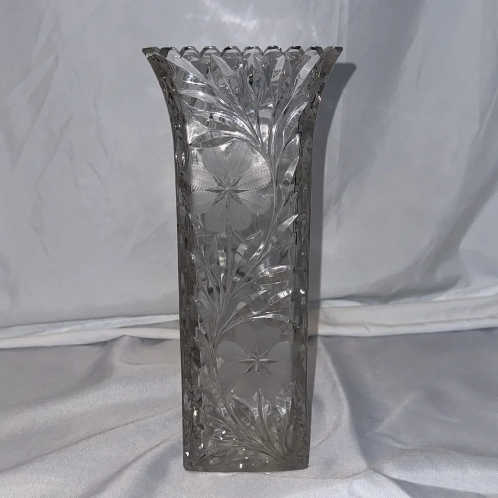 Antique MCKEE Floral Crystal Heavy Glass Vase with Etched Flowers and Leaves